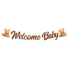 A gold glitter banner featuring teddy bears and the words Welcome Baby