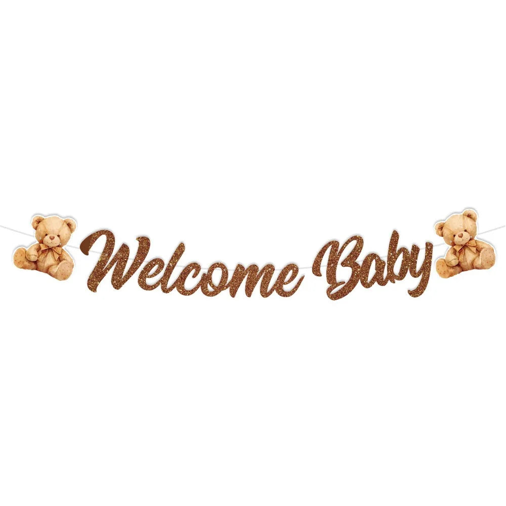 A gold glitter banner featuring teddy bears and the words Welcome Baby
