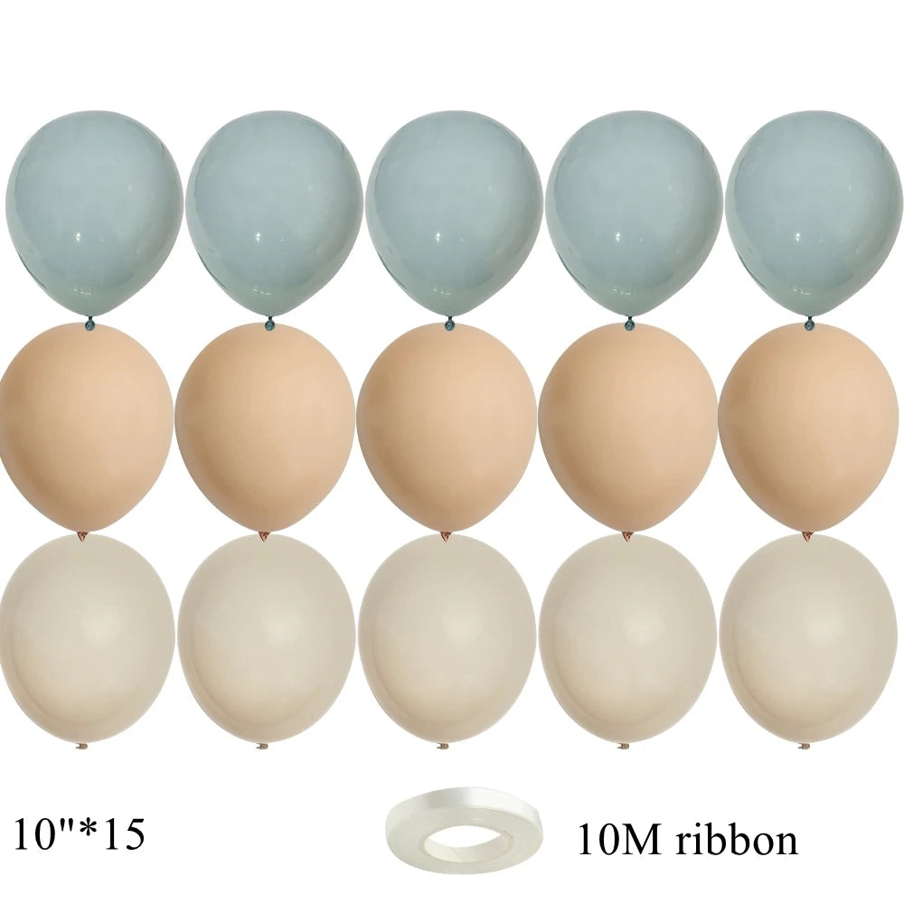 A set of 30 latex balloons in various shades of blue and beige with a 10M ribbon.