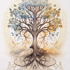A detailed illustration of a tree with roots and branches, surrounded by light and birds, in muted blue and gold tones.