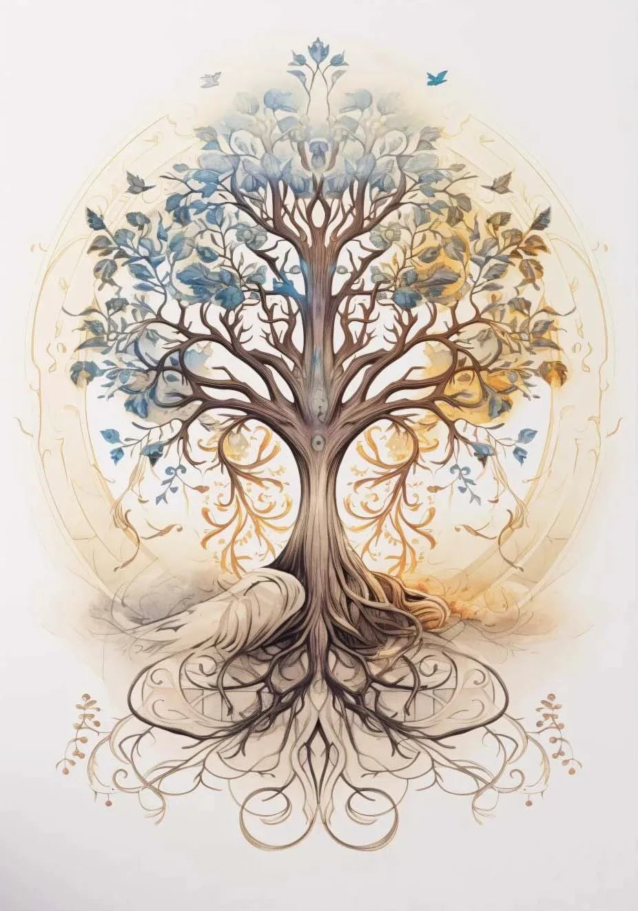 A detailed illustration of a tree with roots and branches, surrounded by light and birds, in muted blue and gold tones.