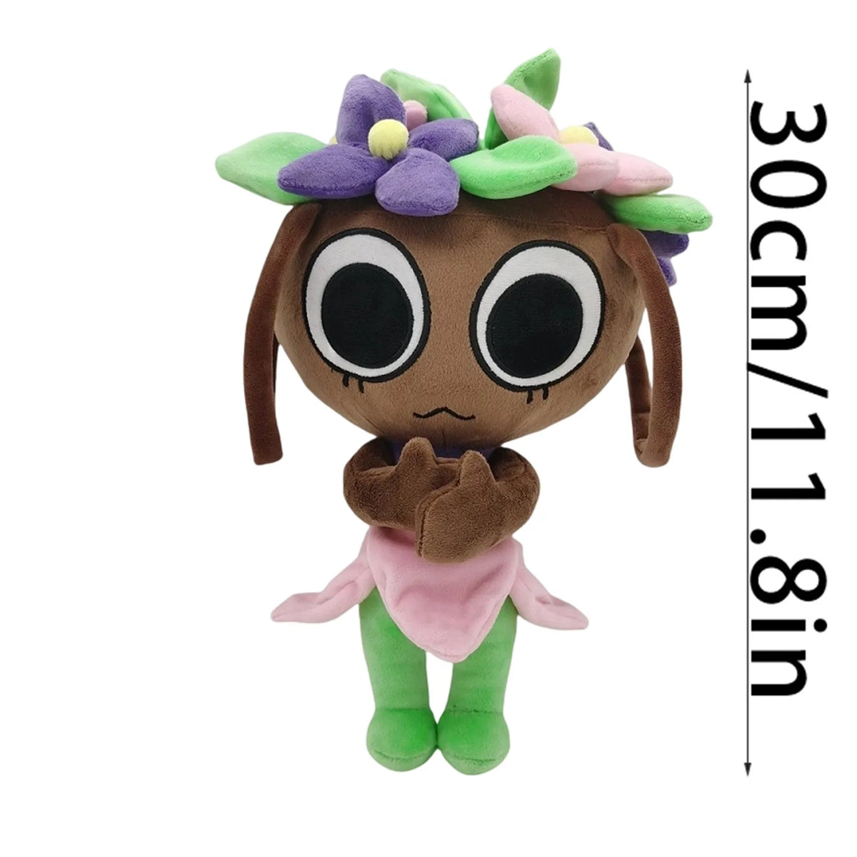 A brown plush toy with large black eyes, green legs, and purple and pink floral accents.