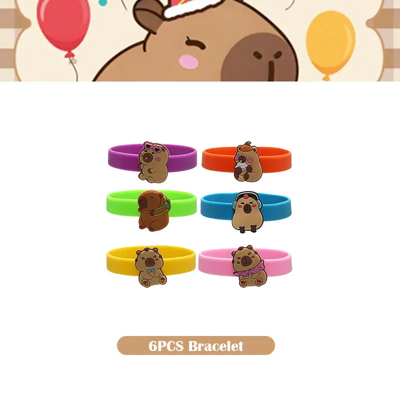 A set of six cute capybara-themed bracelets for a birthday party decoration kit
