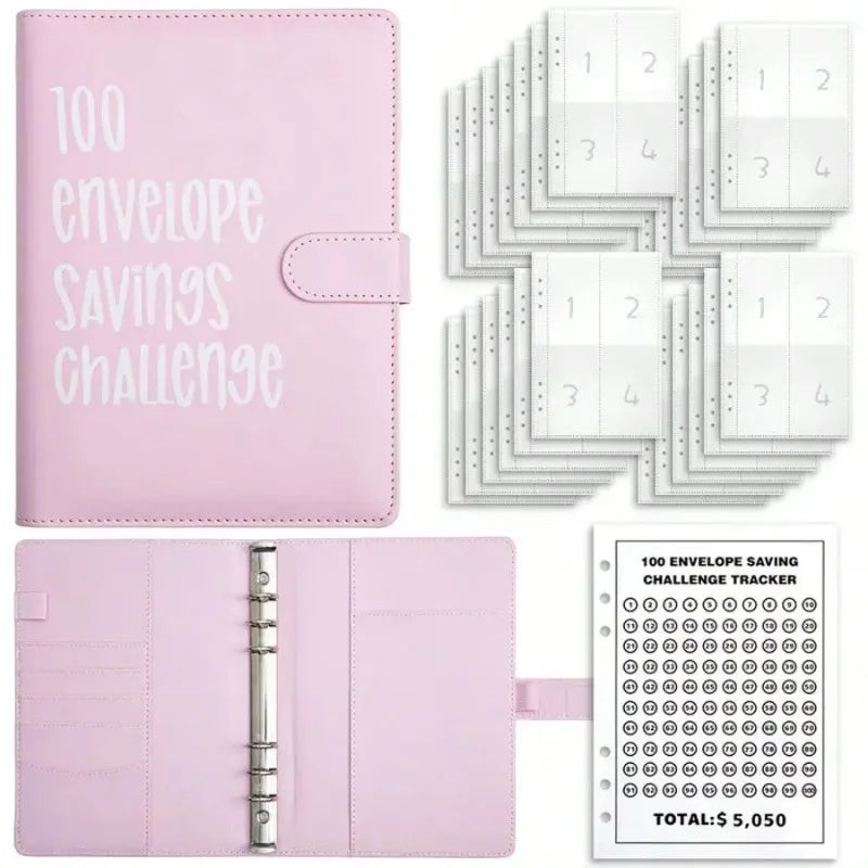 Pink leather envelope savings challenge wallet with grid tracker and cash envelope organizer