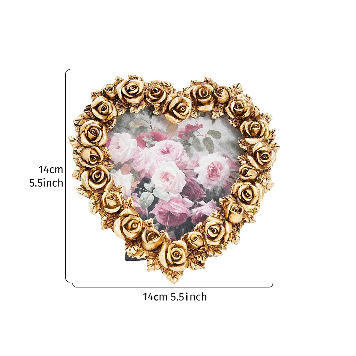 Gold rose heart-shaped resin photo frame with multi-head design featuring pink and white roses