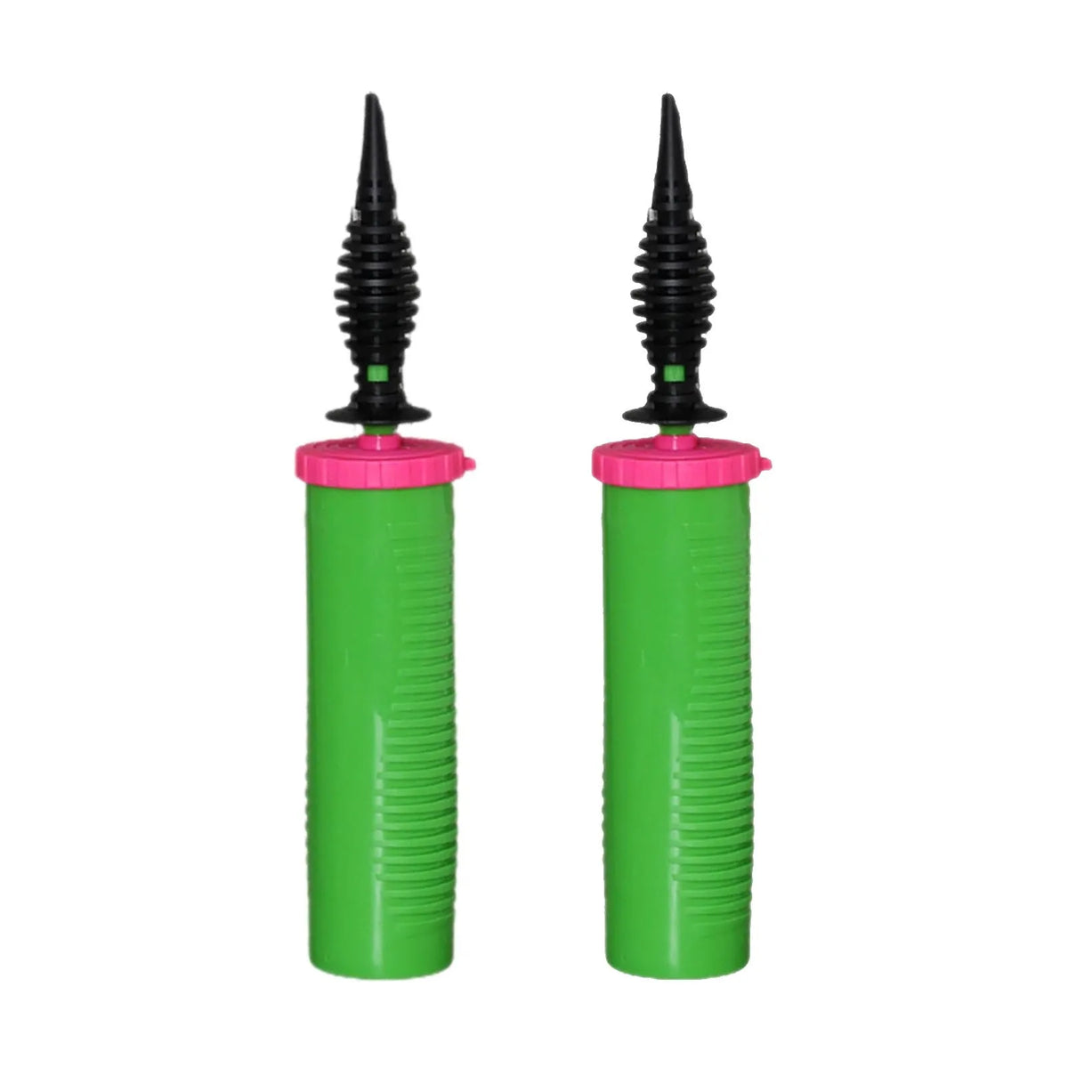 A pair of green and black handheld balloon air pumps with threaded nozzles.