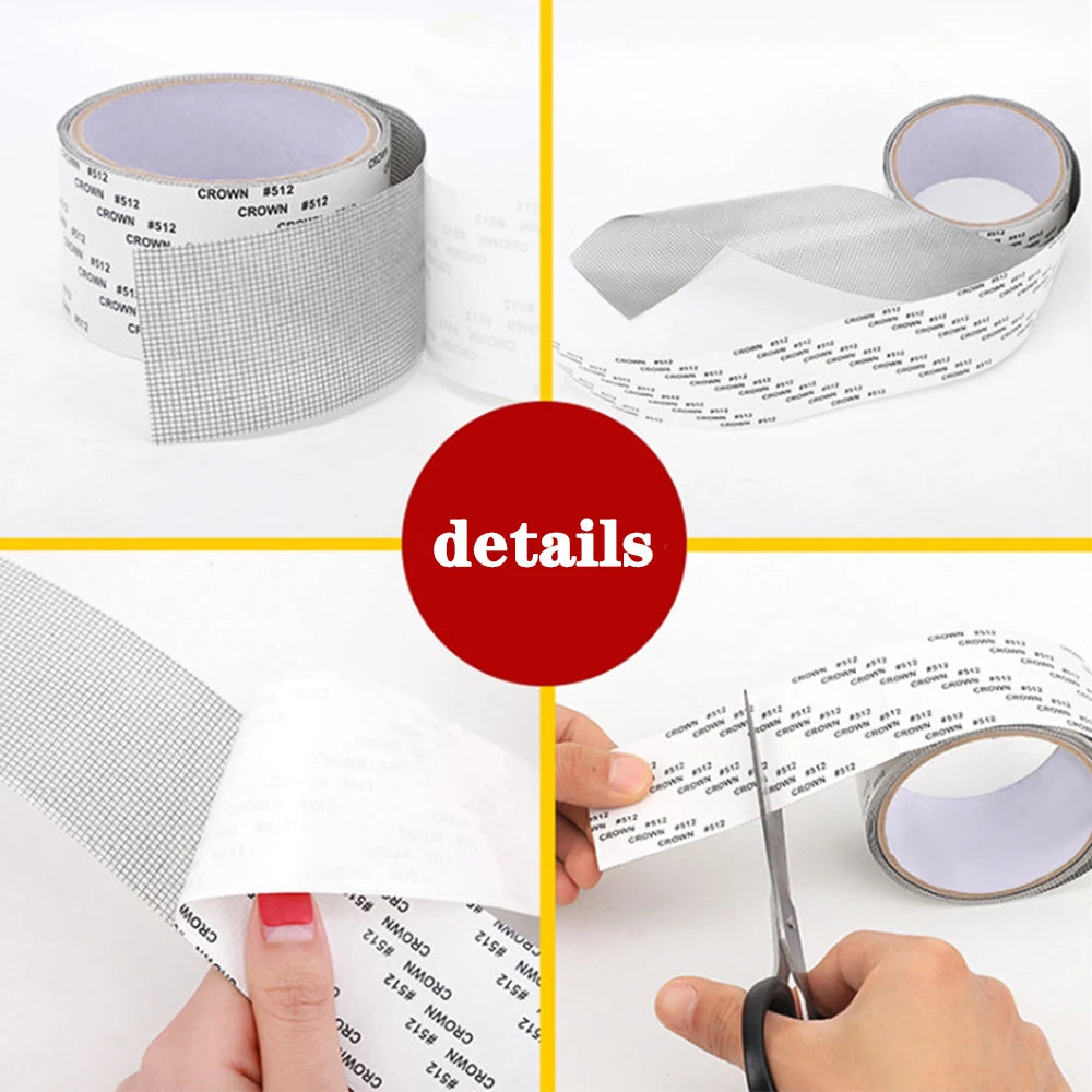 Rolls of self-adhesive window screen repair patches with various sizes and crowns shown in different angles