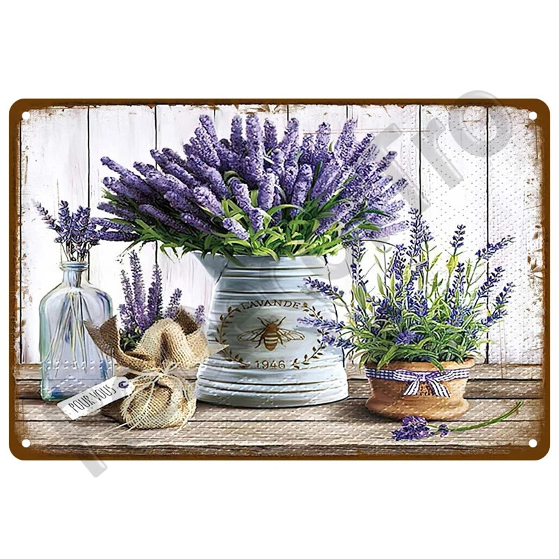 A vintage metal tin sign featuring a bouquet of purple lavender flowers in a white vase.