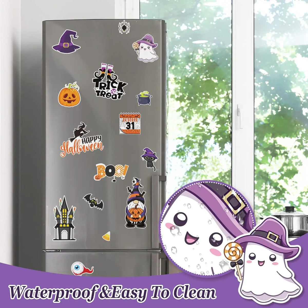 A set of 16 Halloween fridge magnets featuring spooky characters and designs on a silver refrigerator surface.