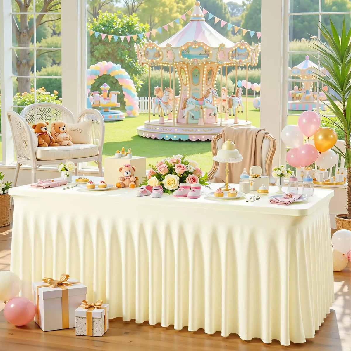 A cream spandex tablecloth cover draped on a table, set for a party with pink and yellow decorations.