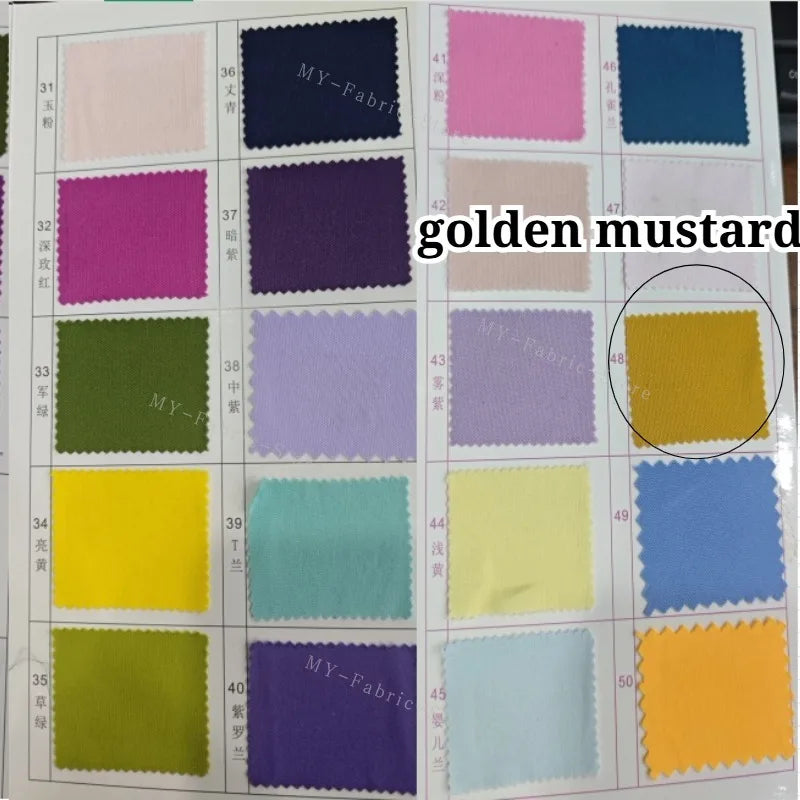 A grid of fabric swatches in various shades including pink, purple, green, and yellow, labeled with MY-Fabric and other color