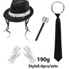 A set of a sparkly sequin disco hat, black tie, and silver glove for kids.