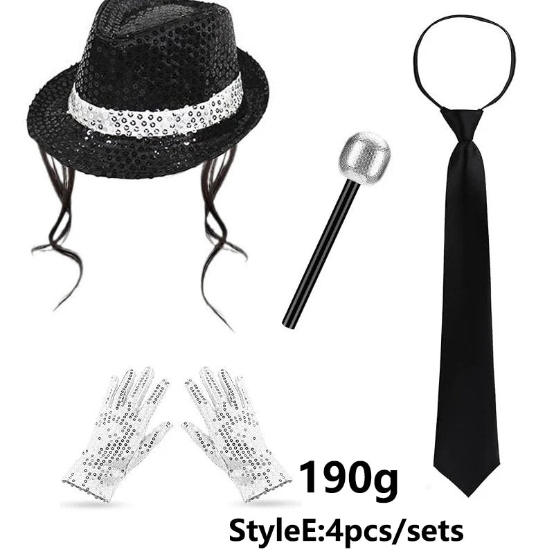 A set of a sparkly sequin disco hat, black tie, and silver glove for kids.