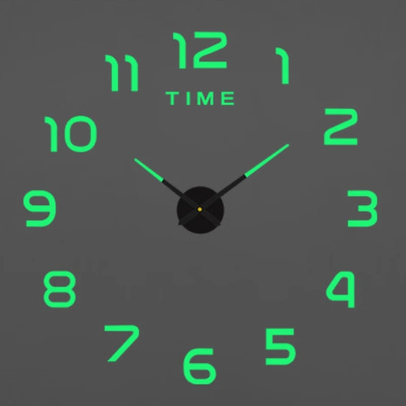 A digital clock face showing 12 o'clock with green hour markers and a black hand.