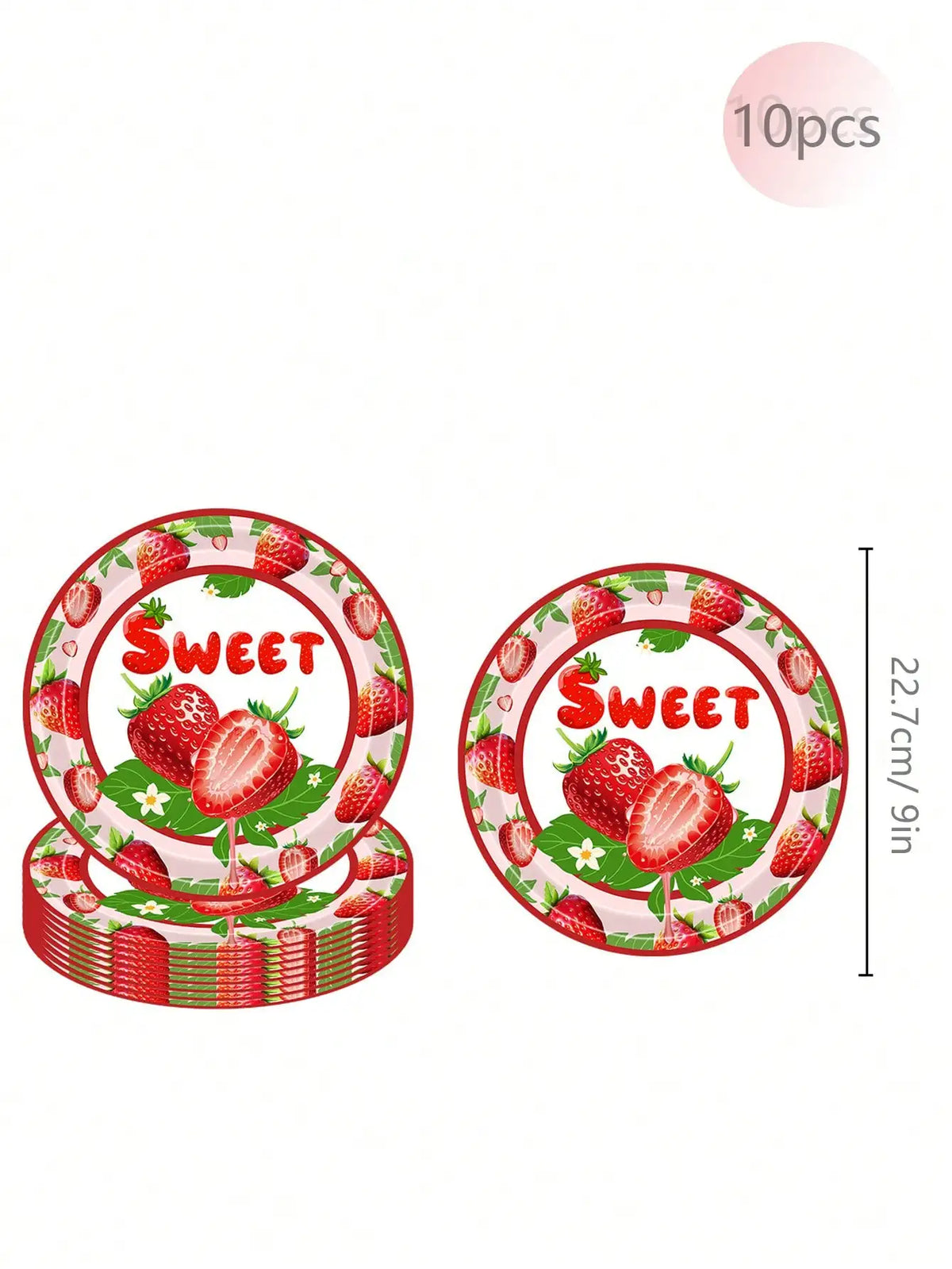A set of 10 pink and red strawberry-themed disposable plates for a birthday party.