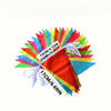 A colorful pennant banner flag display with red, green, yellow, and blue fabric streamers.