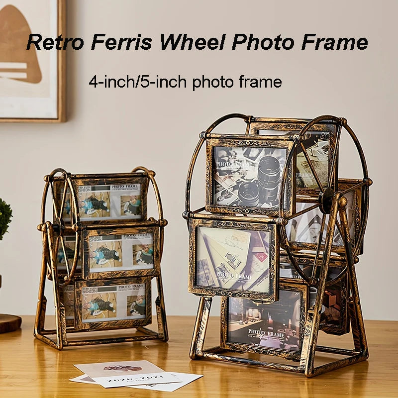A set of vintage resin rotating photo frames in gold-toned metal, displayed on a wooden surface.