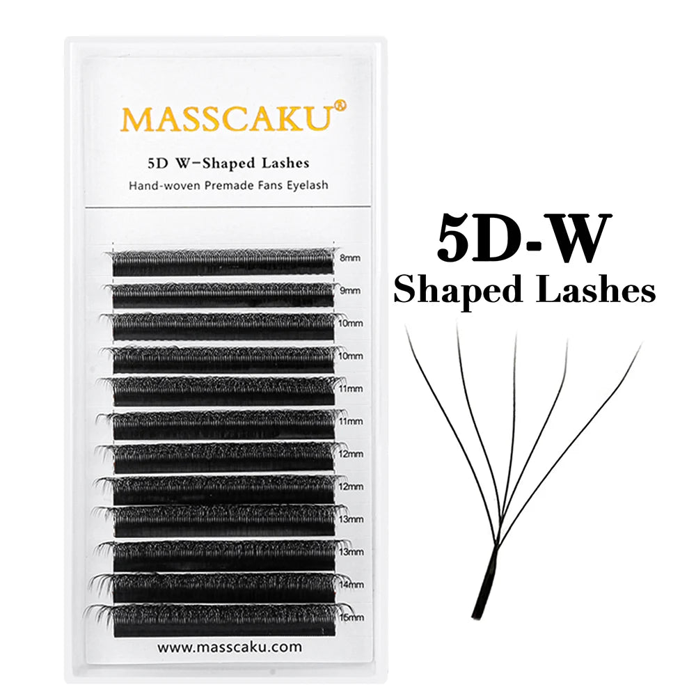 Pack of 5D-W Shaped Lashes shown in a clear container with various lengths.