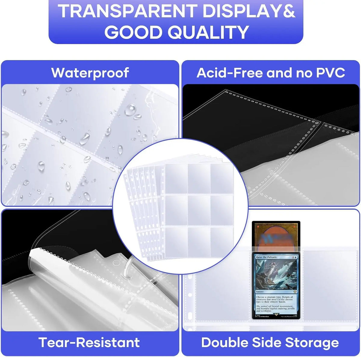 Transparente und hochwertige A4-Trading-Card-Hüllen für wasserfeste, säurefreie Aufbewahrung.