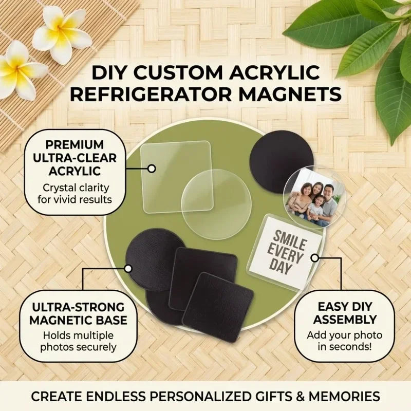DIY custom acrylic refrigerator magnets featuring clear and black photo holders for personalized gifts