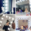 A collection of dimmable LED vanity mirrors showing various makeup and beauty products.