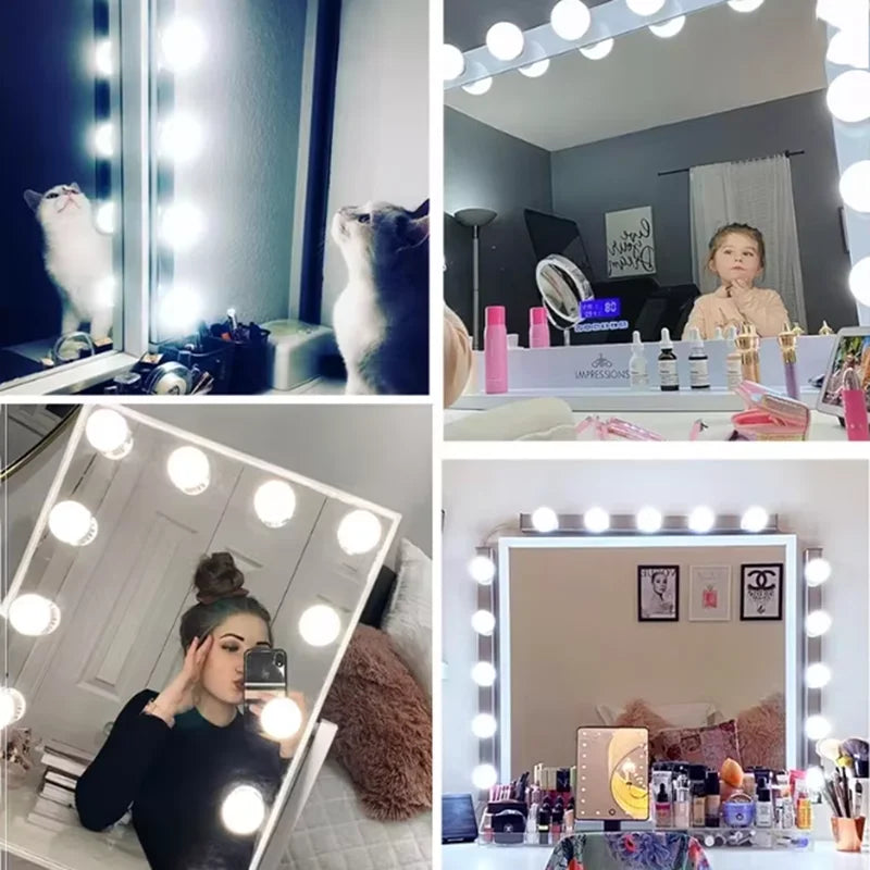A collection of dimmable LED vanity mirrors showing various makeup and beauty products.