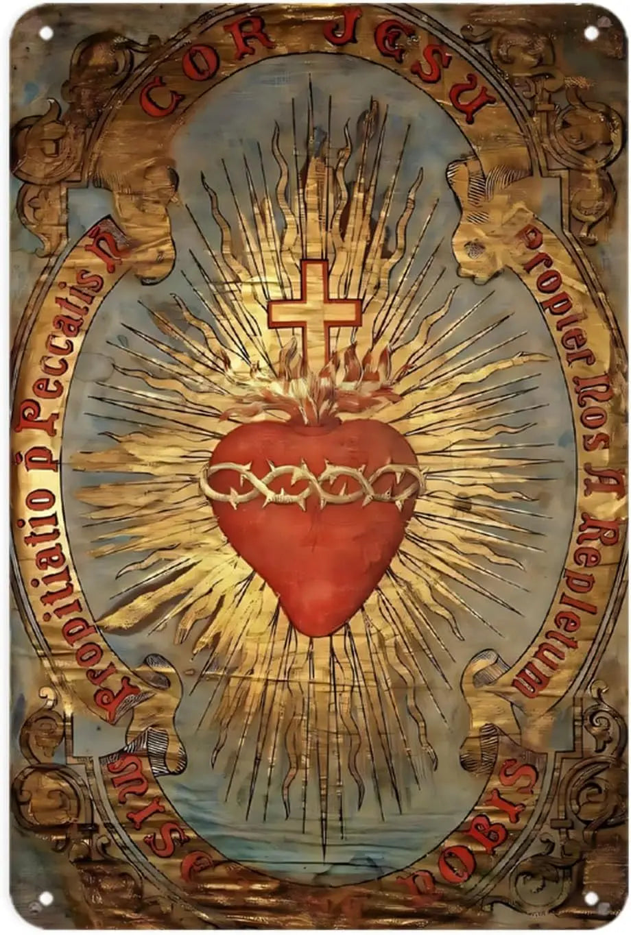 Vintage metal sign depicting the Sacred Heart of Jesus with rays of light and surrounding text.