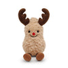 A fluffy brown plush toy resembling a peanut with reindeer antlers and a scarf.