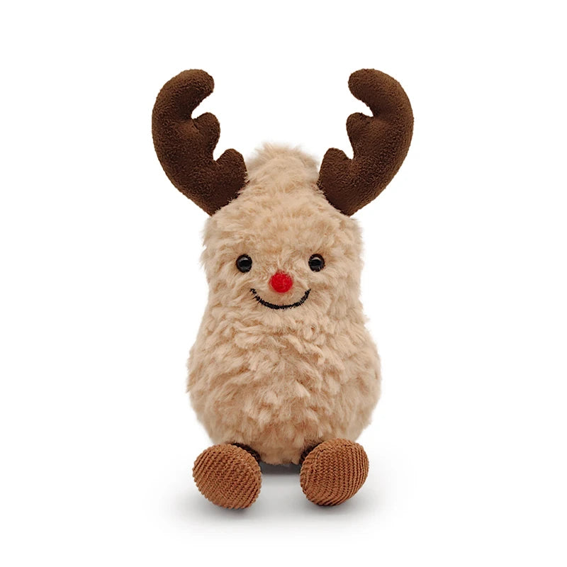 A fluffy brown plush toy resembling a peanut with reindeer antlers and a scarf.