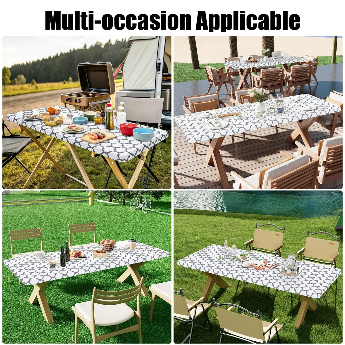 Multi-occasion applicable waterproof elastic fitted tablecloth for folding tables shown in outdoor settings.