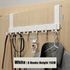 White heavy duty aluminum door hooks with 6 capacity mounted on a wooden wall.