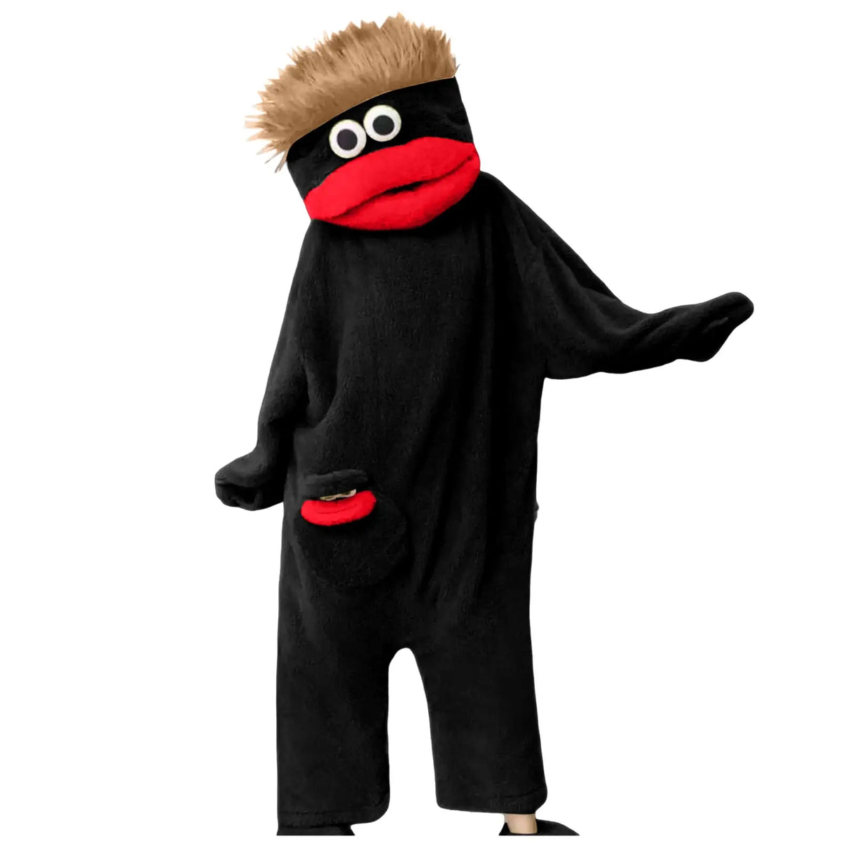 A black plush monster loungewear romper with a large red mouth and blonde fur trim.