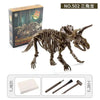 A model of a dinosaur skeleton fossil excavation kit with wooden pieces and tools.