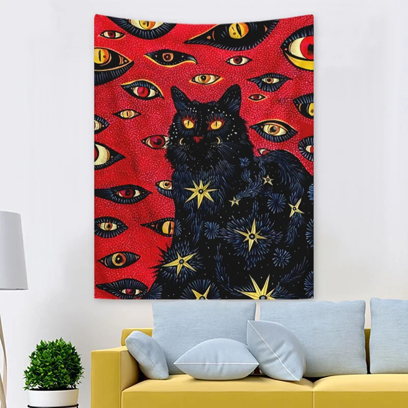 A tapestry wall hanging featuring a black cat with glowing yellow eyes against a red background.