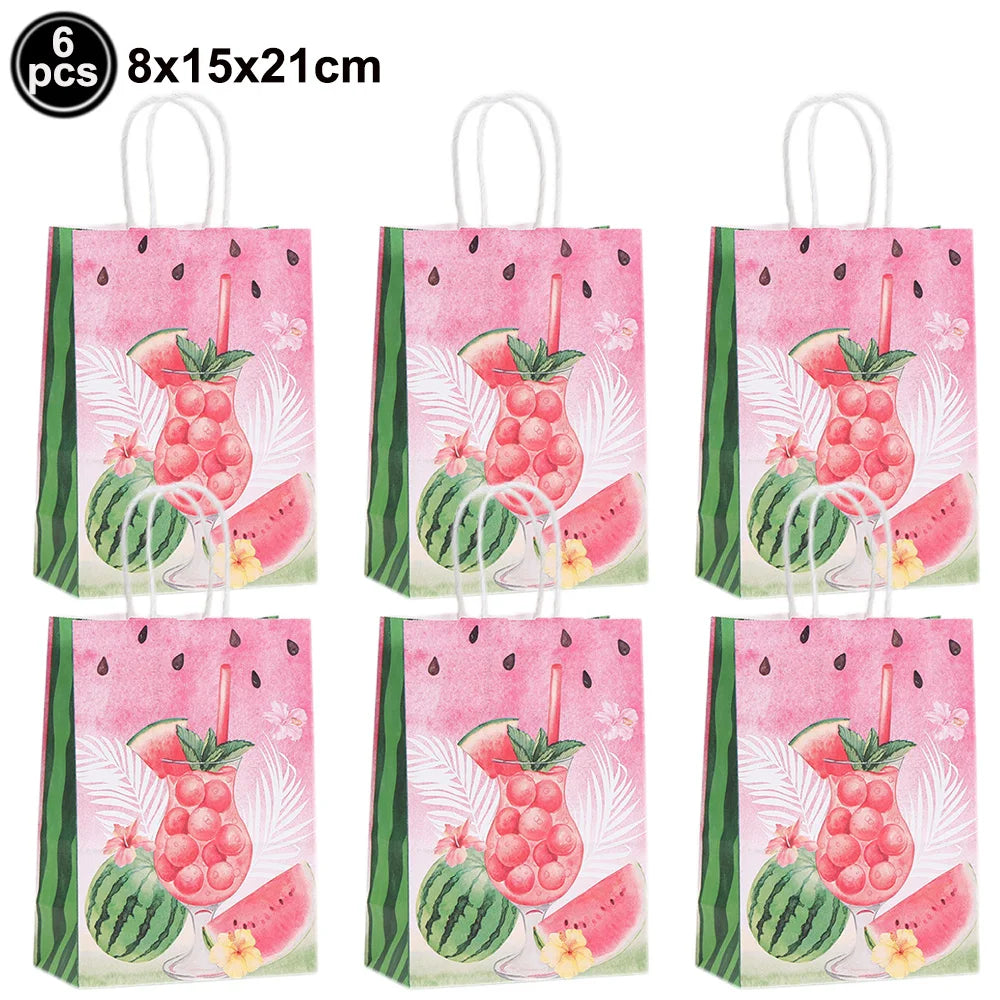 Six sacs en papier roses et verts à motifs de pastèque