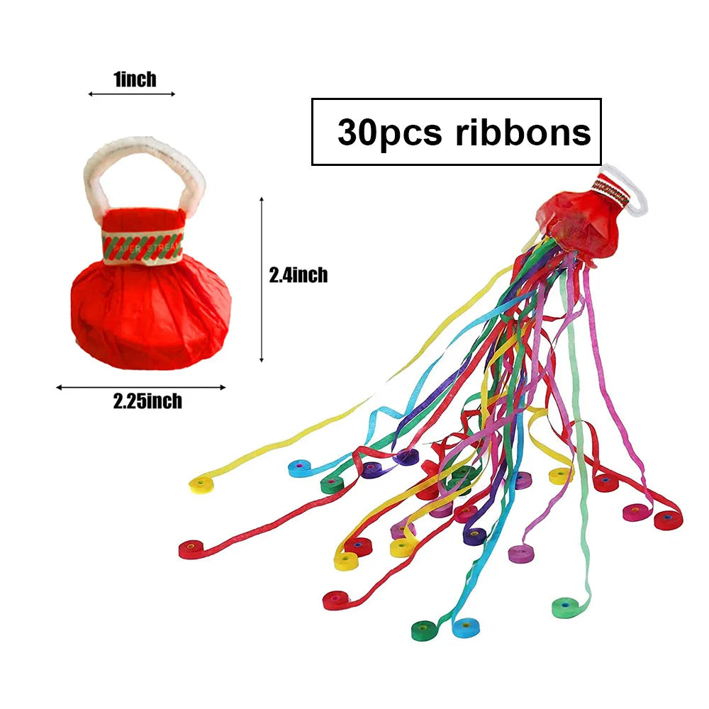 A set of 30 red and brown paper ribbons for party decor, shown next to a display of the finished streamers.