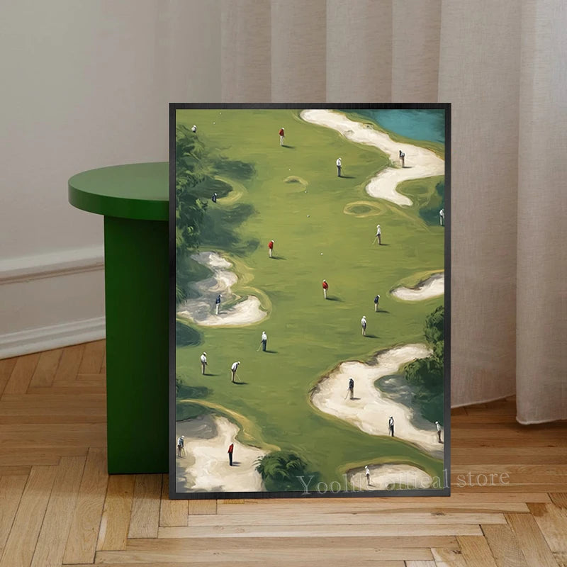 A framed canvas print depicting golfers playing on a green golf course under natural light.