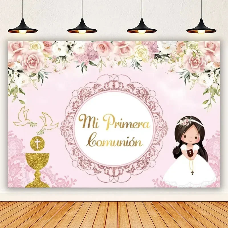 A soft pink and white floral backdrop for a First Communion theme featuring a gold chalice and a girl in a white dress.