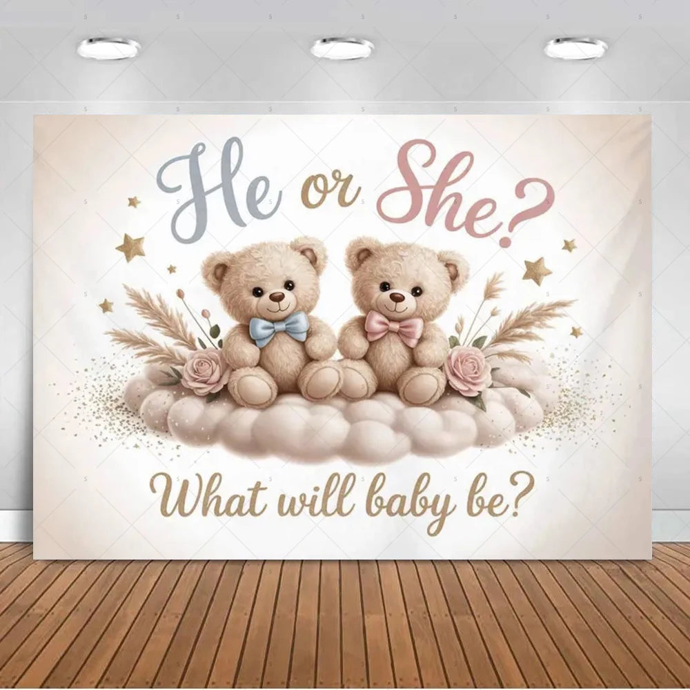 A soft pastel gender reveal backdrop featuring two teddy bears and question marks asking He or She What will baby be