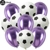 A pack of ten black and white soccer ball shaped latex balloons for party decorations