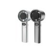 A silver handheld cooling fan with a circular grille and digital display showing 120 degrees.