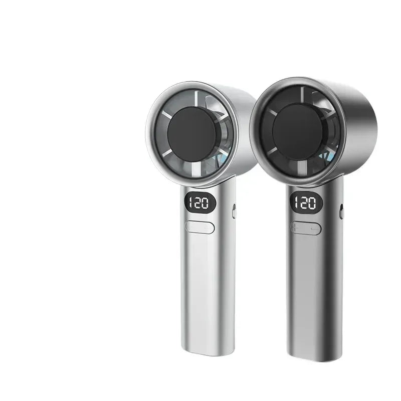 A silver handheld cooling fan with a circular grille and digital display showing 120 degrees.