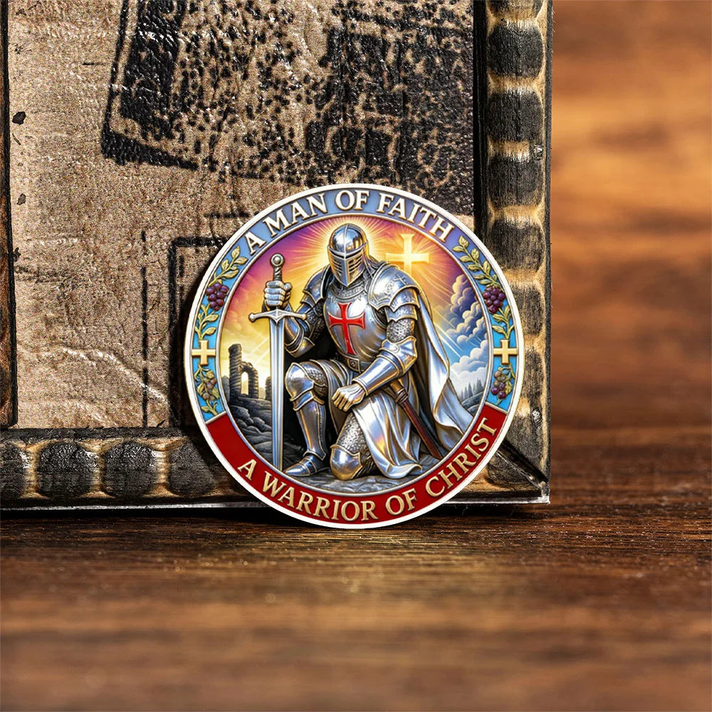 A commemorative coin featuring a silver-plated warrior figure with a cross design, titled A Man of Faith and A Warrior of Chr