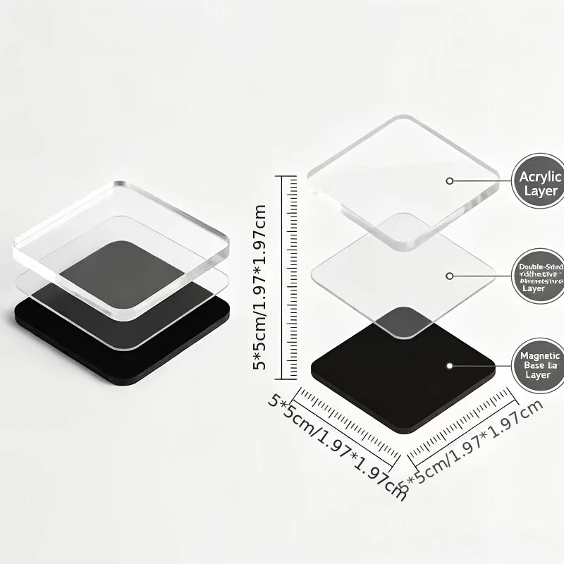 A set of clear acrylic and black magnetic fridge magnets with various sizes for decor and notes.