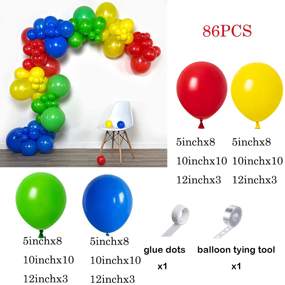 A kit for creating a rainbow carnival balloon garland arch with star foil accents, including balloons and tying tools.