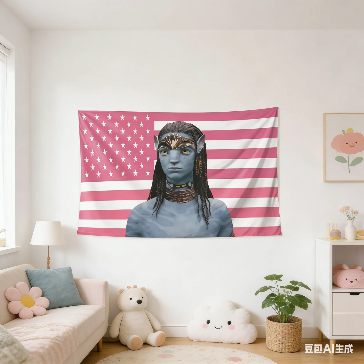 A tapestry wall hanging featuring an avatar-inspired Neytiri face against a pink and white striped patriotic flag background.