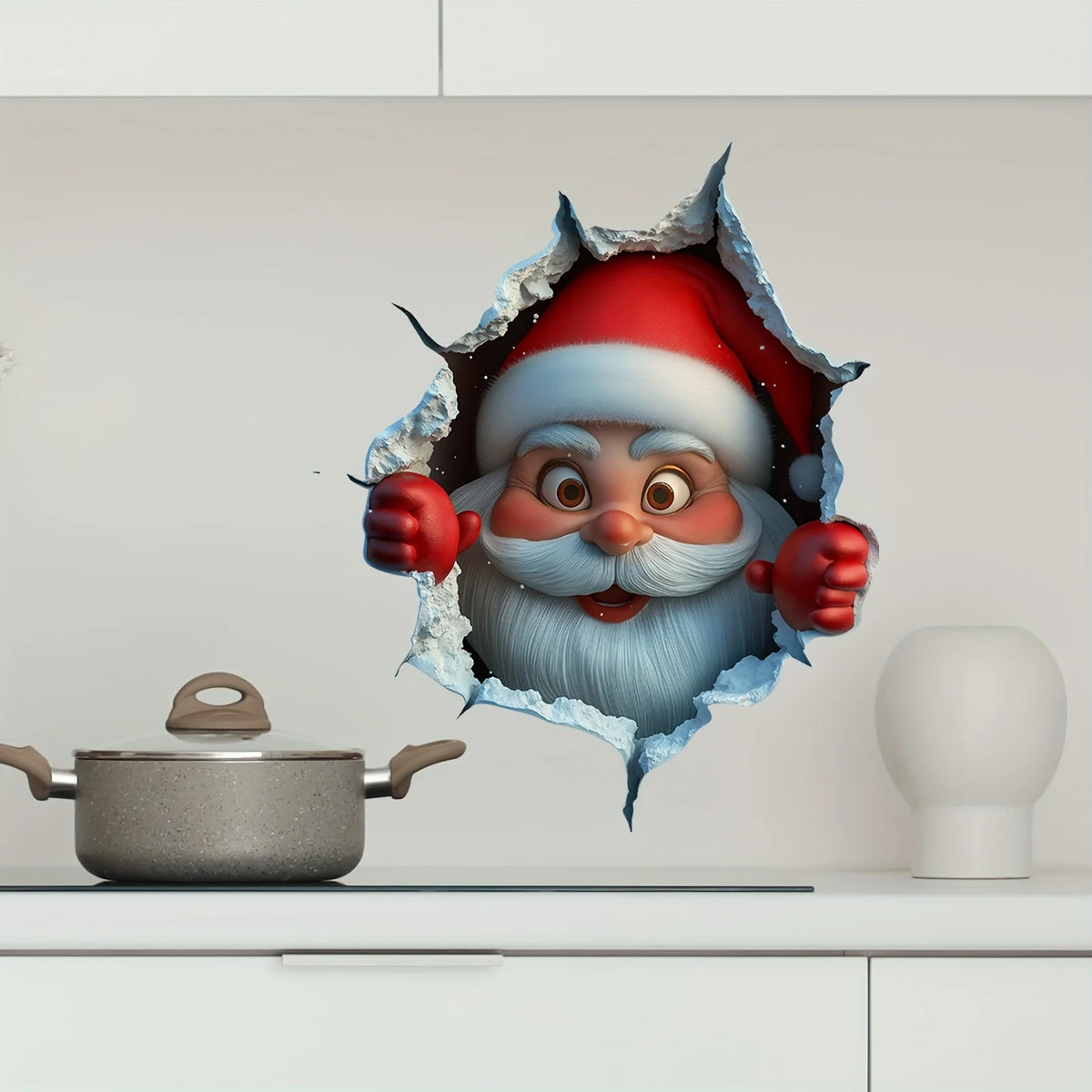 A festive Christmas Santa face is shown emerging from a torn piece of paper, with a pot and a white lamp in the background.