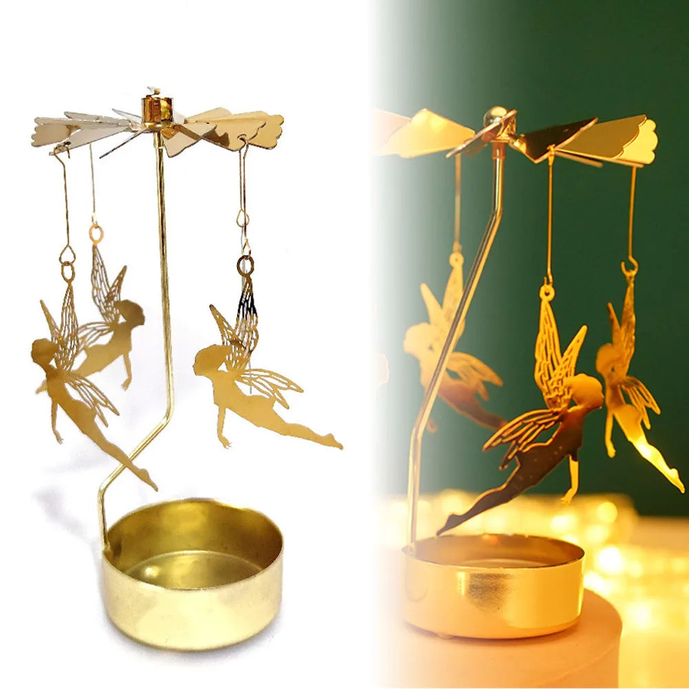 A gold rotating candle holder with metal wings and a base, designed for heat-powered spinning tealights.