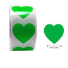 A roll of green heart-shaped seal stickers for crafting and packaging.