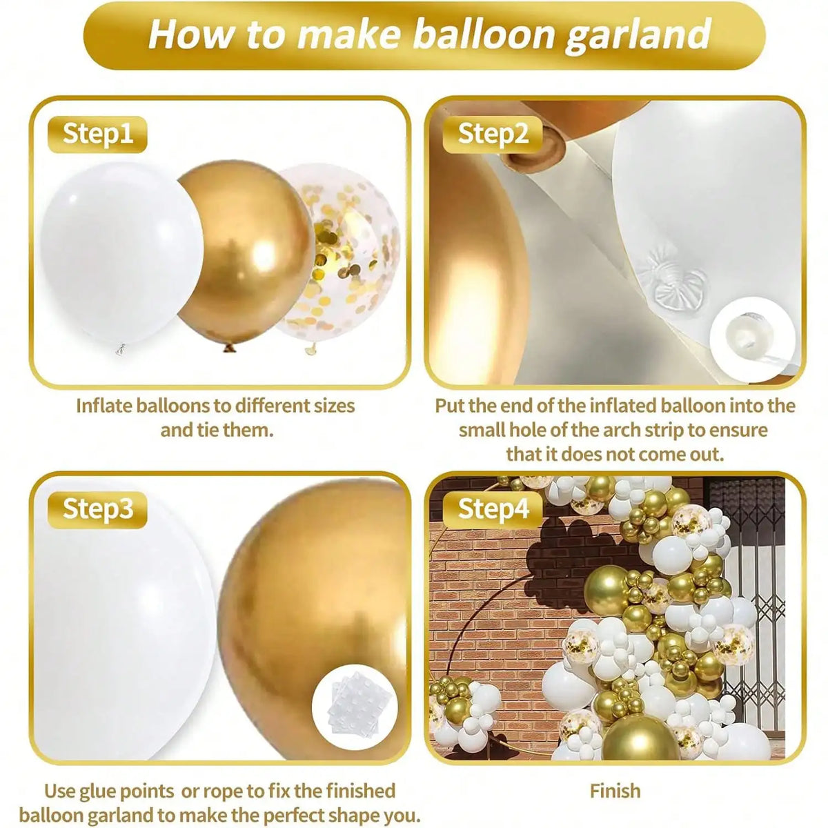 Step-by-step instructions showing how to make a balloon garland using white and gold balloons.